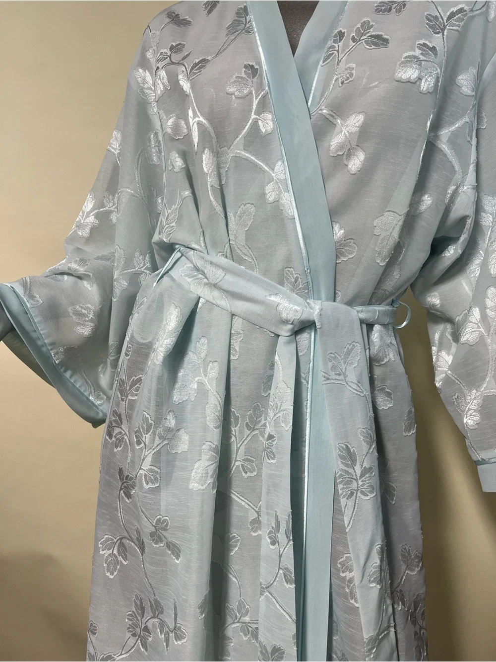 Oscar de la Renta Pink Label Floral Semi Sheer Aqua Light Blue Long Robe LARGE